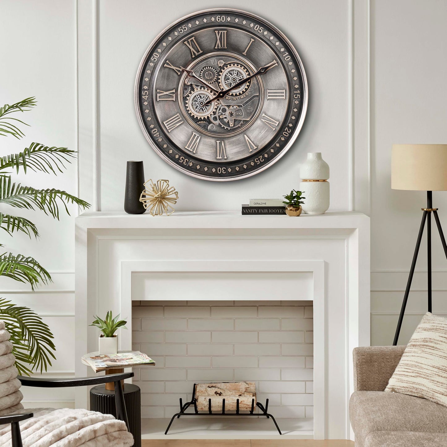 CLXEAST Mid Century Minimalist Modern Wall Clocks,24 Inch Wall Clock with Moving Gears, Large Cream Gold Wall Clocks for Living Room Decor,House Warming Gifts New Home