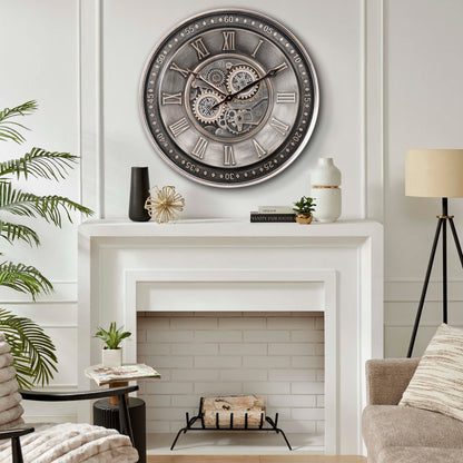 CLXEAST Mid Century Minimalist Modern Wall Clocks,24 Inch Wall Clock with Moving Gears, Large Cream Gold Wall Clocks for Living Room Decor,House Warming Gifts New Home