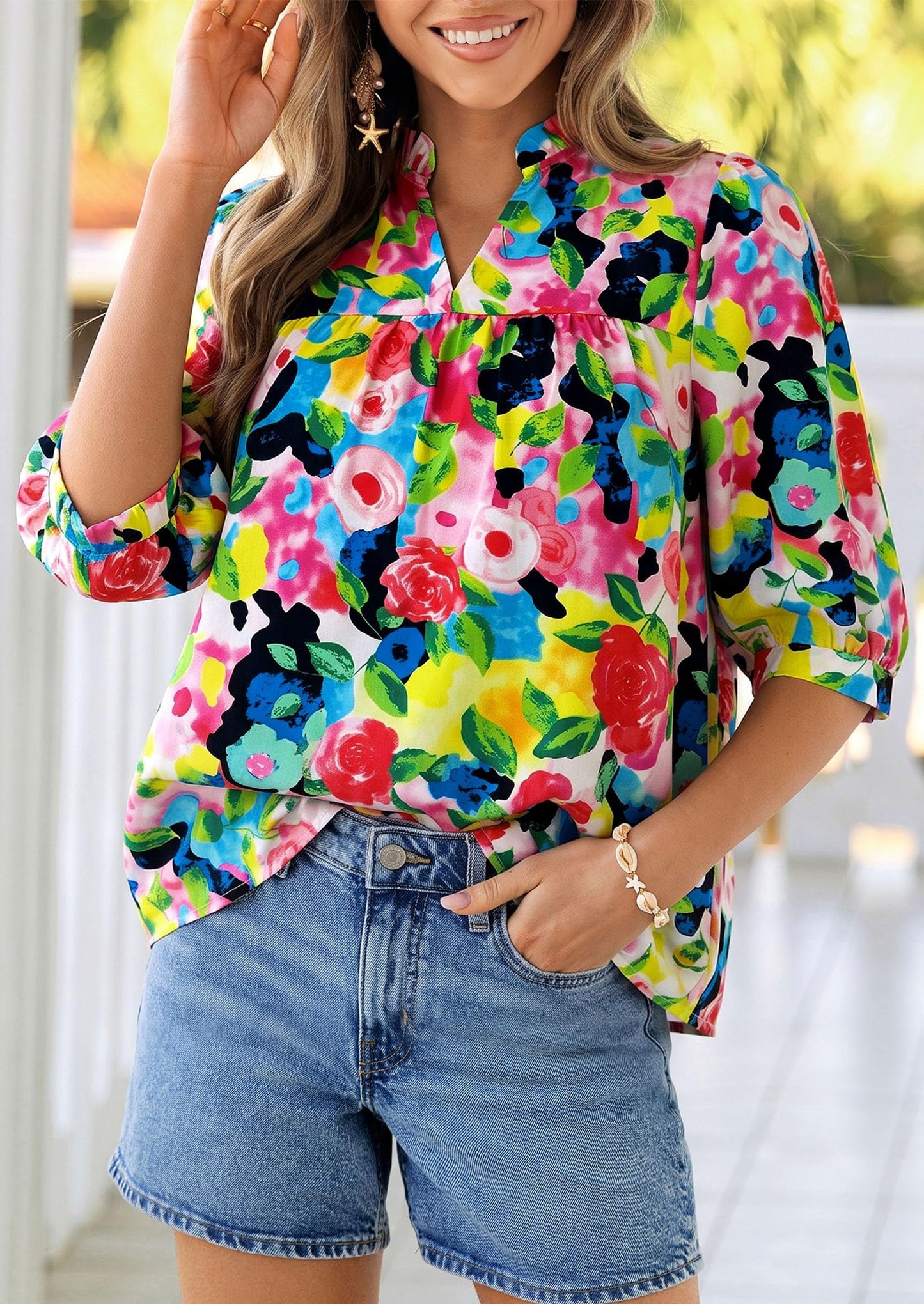 PRETTYGARDEN Women's 2026 Summer Floral Blouses Dressy Casual Half Sleeve V Neck Going Out Boho Tops Spring Fashion Clothing