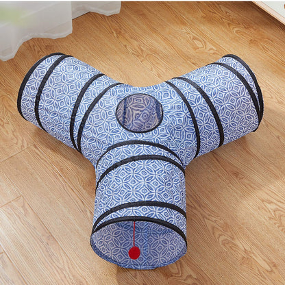 Tempcore Pet Cat Tunnel Tube Toys 3 Way Collapsible, Tunnels for Indoor Cats, Interactive Tube with Teaser Wand, Peek Holes & Hanging Ball, Black & Blue