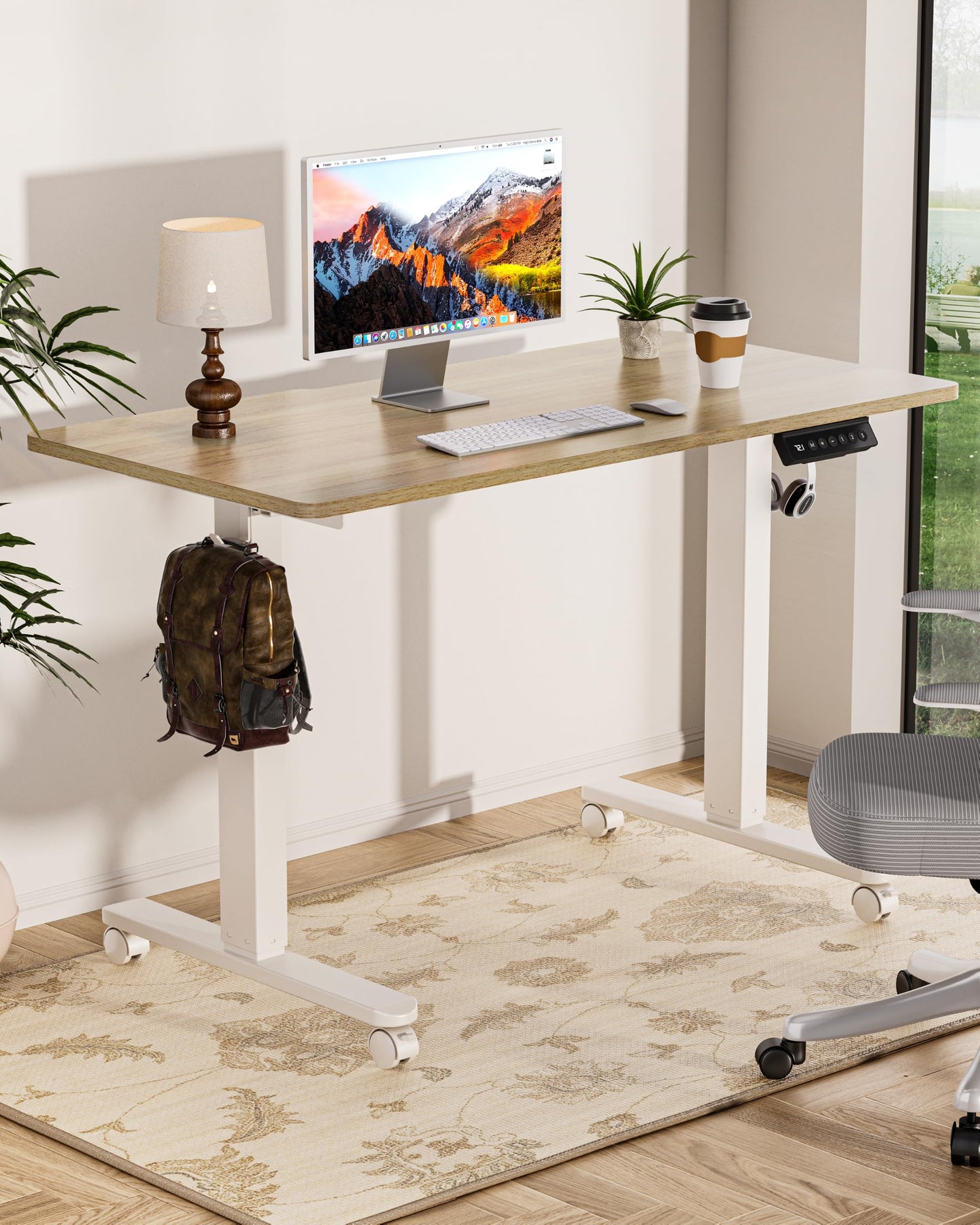 Okin Small Electric Standing Desk, 36" x 24" Whole Piece Height Adjustable Desk, Oak Sit to Stand Computer Workstation with Wheels for Home Office