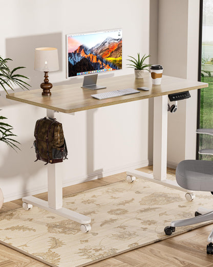 Okin Small Electric Standing Desk, 36" x 24" Whole Piece Height Adjustable Desk, Oak Sit to Stand Computer Workstation with Wheels for Home Office