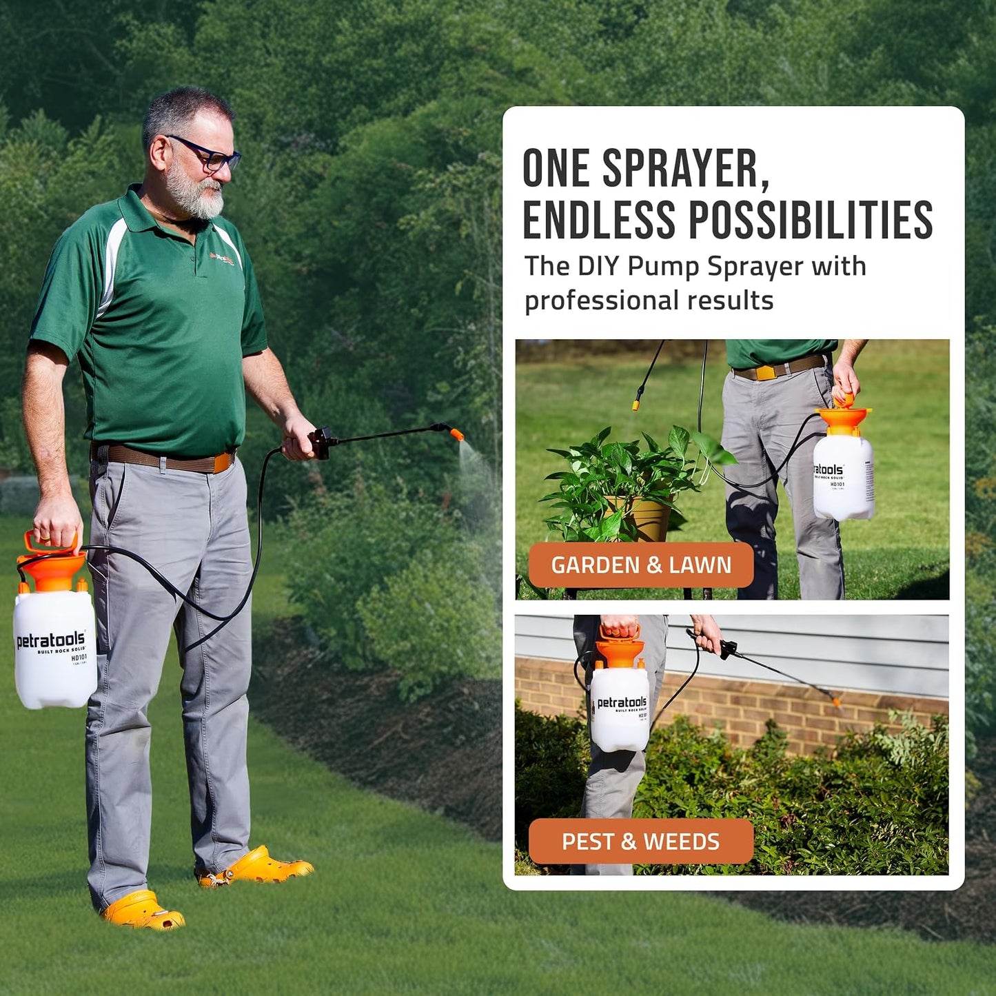 Petratools 1 Gallon Pump Sprayer – HD101 Garden Sprayer for Weeds, Lawn Care & Pesticides – 52” Long Hose, 2 Nozzles & Easy Carry Handle – Durable & Lightweight