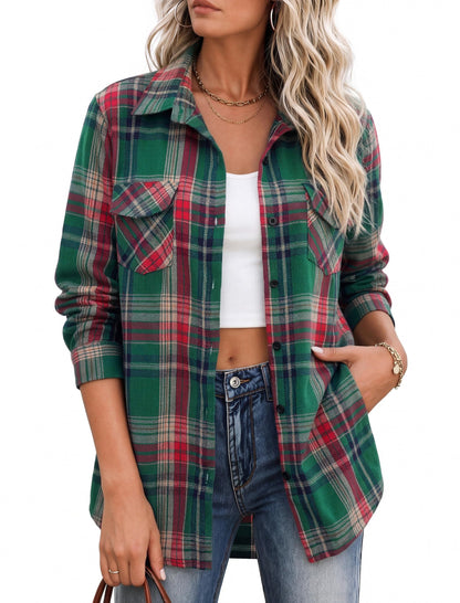 Zeagoo Flannel Shirt Women Plaid Button Down Shackets Long Sleeve Fall Tops | Cotton Brushed Flannel Shirts Lightweight Loose Fit Blouse Business Casual Office Outfits 2026 Fashion Summer Western Clothes