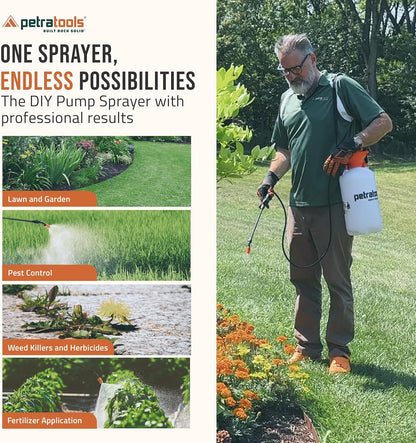 Petratools 1 Gallon Pump Sprayer – HD101 Garden Sprayer for Weeds, Lawn Care & Pesticides – 52” Long Hose, 2 Nozzles & Easy Carry Handle – Durable & Lightweight