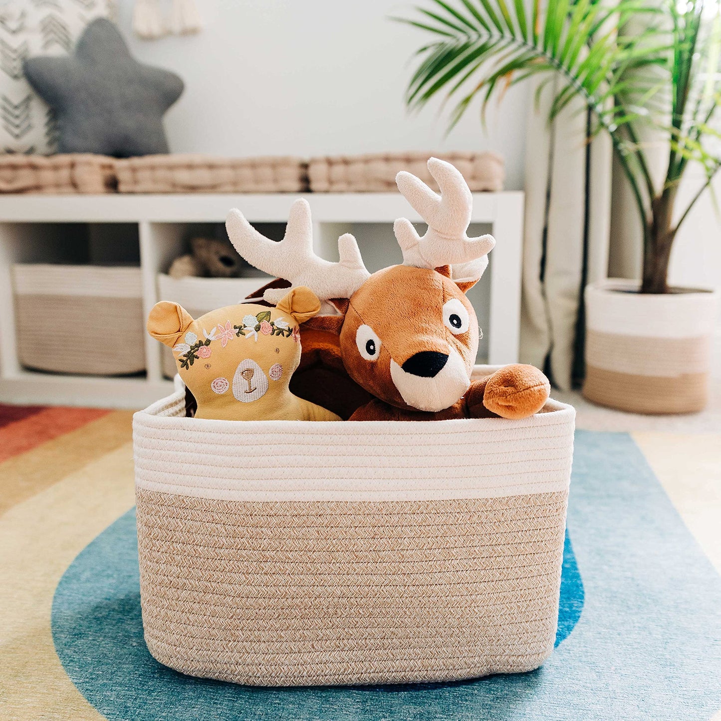 Light Honey Cotton Rope Baskets for Shelves, Set of 3 - 15"×10"×9½" - Woven Storage Baskets for Organizing - Closet, Nursery, Bedroom, Playroom - Toys, Books, Towels, Clothes