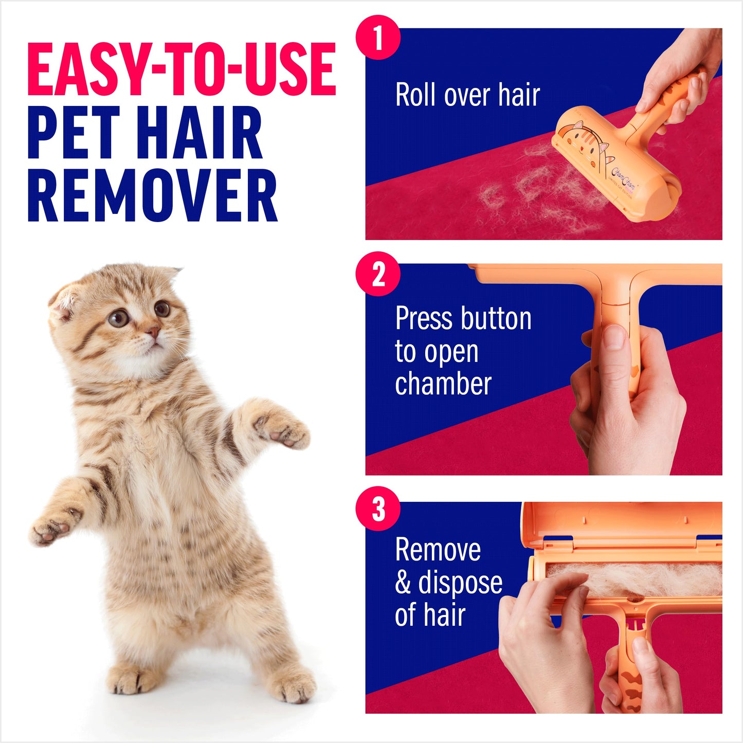 ChomChom Roller Pet Hair Remover – Original Size Reusable Lint Roller for Cat & Dog Hair on Furniture, Couch, Carpet, Car, Rugs & Bedding – Portable, Eco-Friendly (Black)