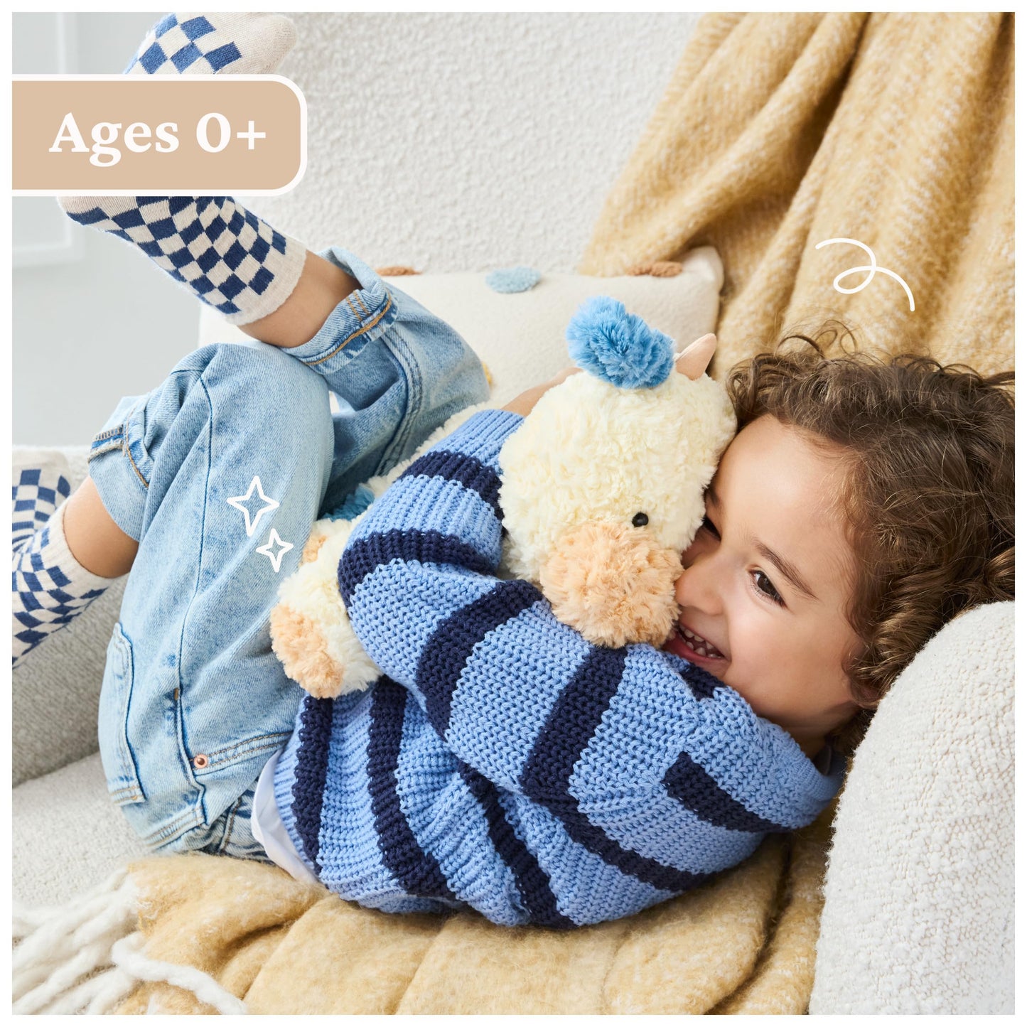 GUND Cozys Collection Cow, Stuffed Animal for Ages 0 and Up, Spring Decor Plush Toy, Cream/Blue, 10”