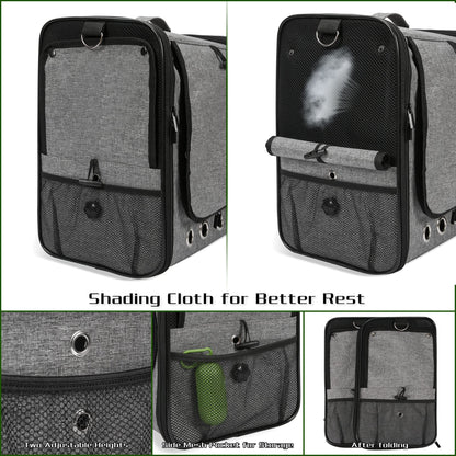Bird Carrier Bag with Stand, Lightweight Backpack for Parrot, Portable Cockatiel Travel Cage with Accessories, Pet Transparent Breathable Carrier, Gray
