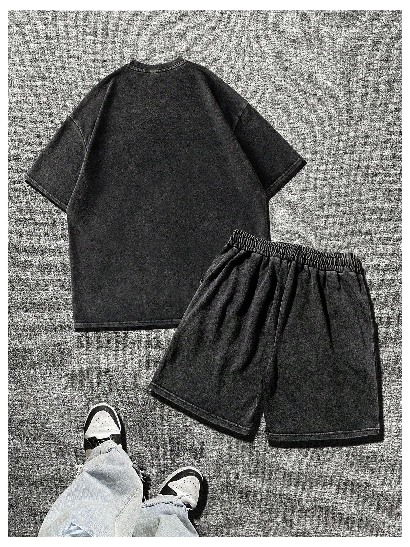 BEAUDRM Men's Y2k 2 Piece Vintage Outfits Punk Grunk Graphic Wash Short Sleeve T-Shirt and Drawstring Shorts Streetwear