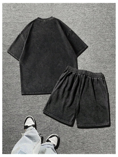 BEAUDRM Men's Y2k 2 Piece Vintage Outfits Punk Grunk Graphic Wash Short Sleeve T-Shirt and Drawstring Shorts Streetwear