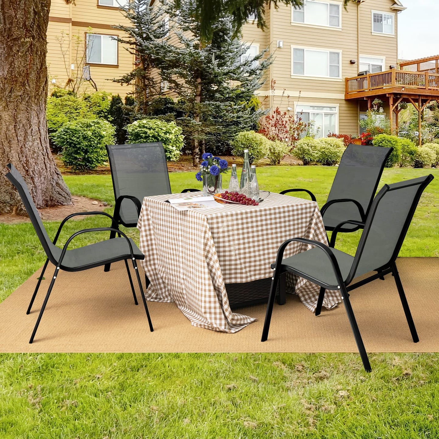 Tangkula Patio Dining Chairs Set of 4, Outdoor Stackable All Weather Heavy Duty Dining Chairs Set with Armrests, Support 330 LBS, for Poolside, Backyard, Garden, Deck, Front Porch (Brown)