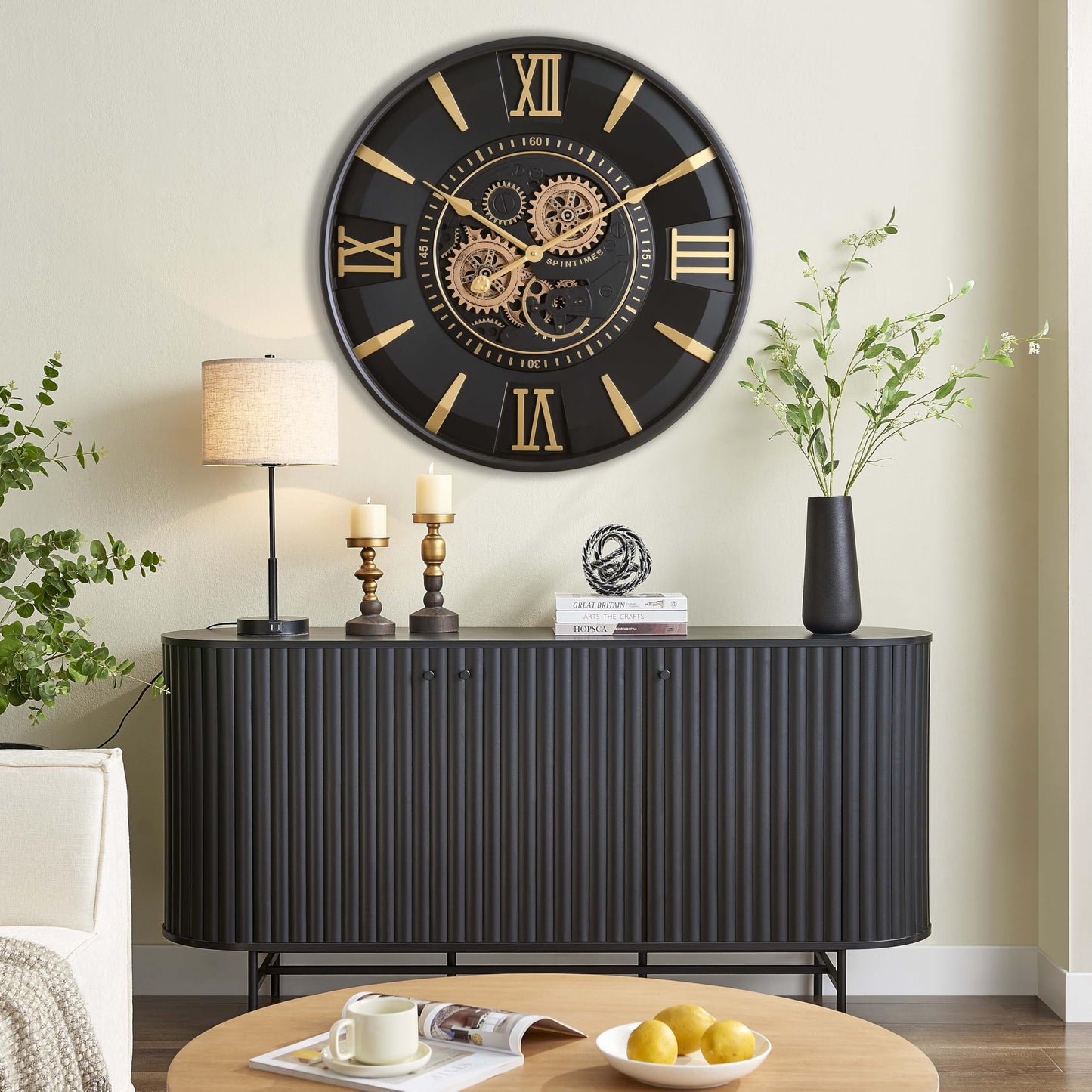 CLXEAST Mid Century Minimalist Modern Wall Clocks,24 Inch Wall Clock with Moving Gears, Large Cream Gold Wall Clocks for Living Room Decor,House Warming Gifts New Home