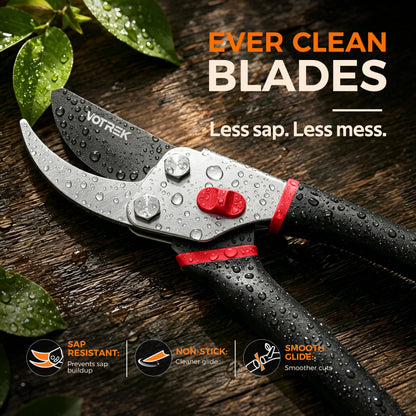 VOTREK® Pruning Shears, 8.5” Professional Garden Pruner with Jam-Proof Spring & Ever-Sharp SK5 Blade, Ergonomic Bypass Clippers for Rose, Tree Trimming, Heavy Duty Bonsai Scissor for Weak Hand