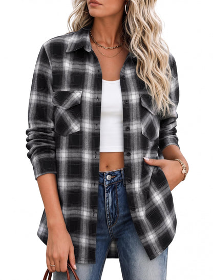Zeagoo Flannel Shirt Women Plaid Button Down Shackets Long Sleeve Fall Tops | Cotton Brushed Flannel Shirts Lightweight Loose Fit Blouse Business Casual Office Outfits 2026 Fashion Summer Western Clothes
