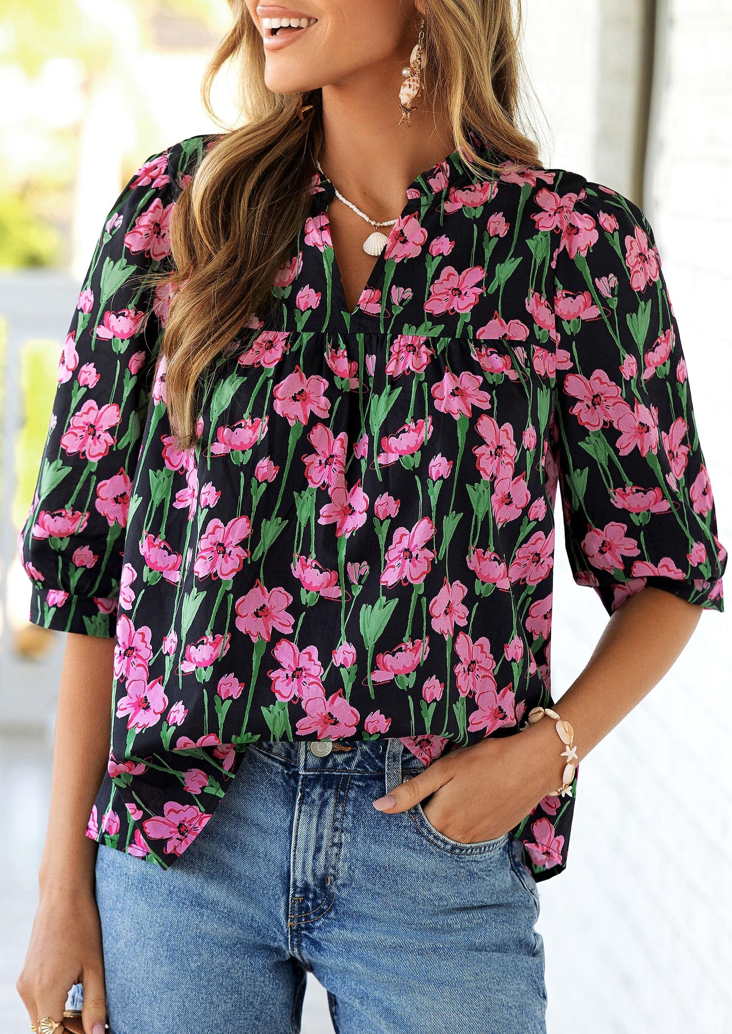 PRETTYGARDEN Women's 2026 Summer Floral Blouses Dressy Casual Half Sleeve V Neck Going Out Boho Tops Spring Fashion Clothing