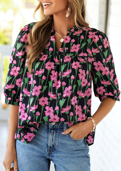PRETTYGARDEN Women's 2026 Summer Floral Blouses Dressy Casual Half Sleeve V Neck Going Out Boho Tops Spring Fashion Clothing