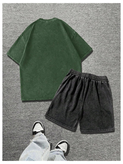 BEAUDRM Men's Y2k 2 Piece Vintage Outfits Punk Grunk Graphic Wash Short Sleeve T-Shirt and Drawstring Shorts Streetwear