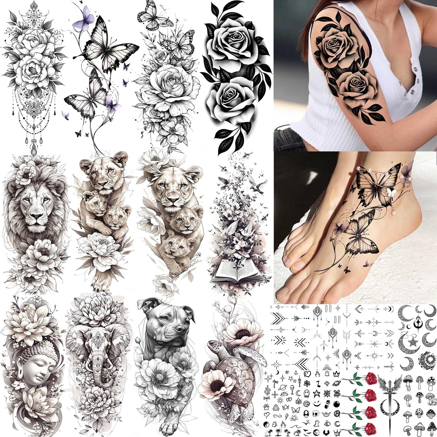 12 Sheets Beautiful Butterfly Flowers Temporary Tattoos For Women Feet Hands Body Art, Realistic Rose Peony Floral Fake Tattoo Sticker For Legs Ankle, Waterproof Lily Dreamcatcher Temp Tatoos Decals