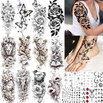 12 Sheets Beautiful Butterfly Flowers Temporary Tattoos For Women Feet Hands Body Art, Realistic Rose Peony Floral Fake Tattoo Sticker For Legs Ankle, Waterproof Lily Dreamcatcher Temp Tatoos Decals