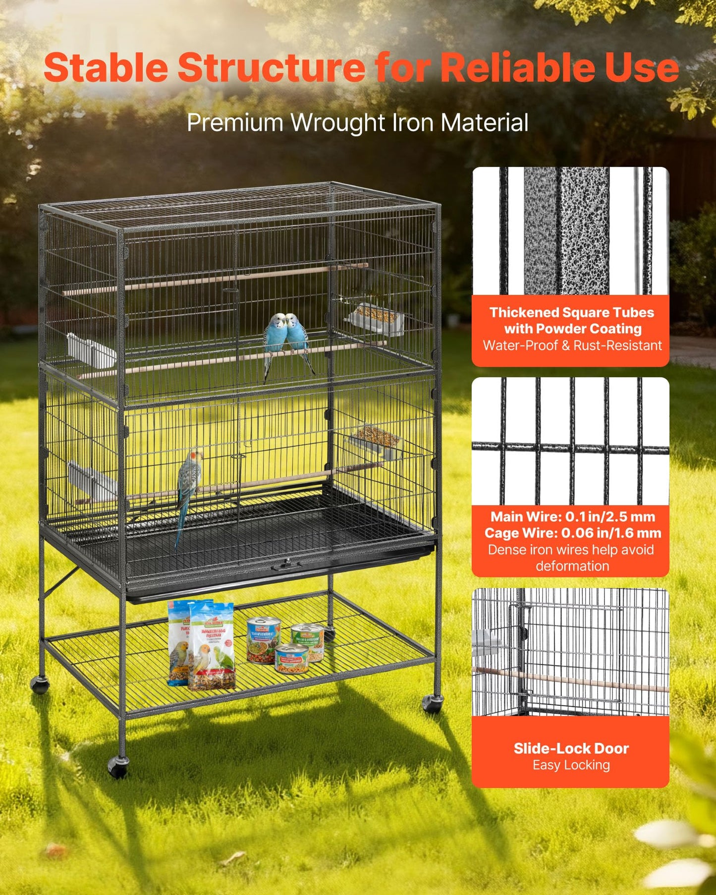 VEVOR Bird Cage, 24.6 x 16.7 x 53.9 inch, Flat Top, Wrought Iron Bird Flight Cage with Perches, Slide-Out Tray and Plastic Feeders, Casters, for Parrot, Blue Tit, Cockatiel, Canary, Budgerigar, Conure