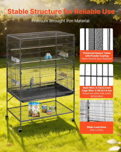 VEVOR Bird Cage, 24.6 x 16.7 x 53.9 inch, Flat Top, Wrought Iron Bird Flight Cage with Perches, Slide-Out Tray and Plastic Feeders, Casters, for Parrot, Blue Tit, Cockatiel, Canary, Budgerigar, Conure
