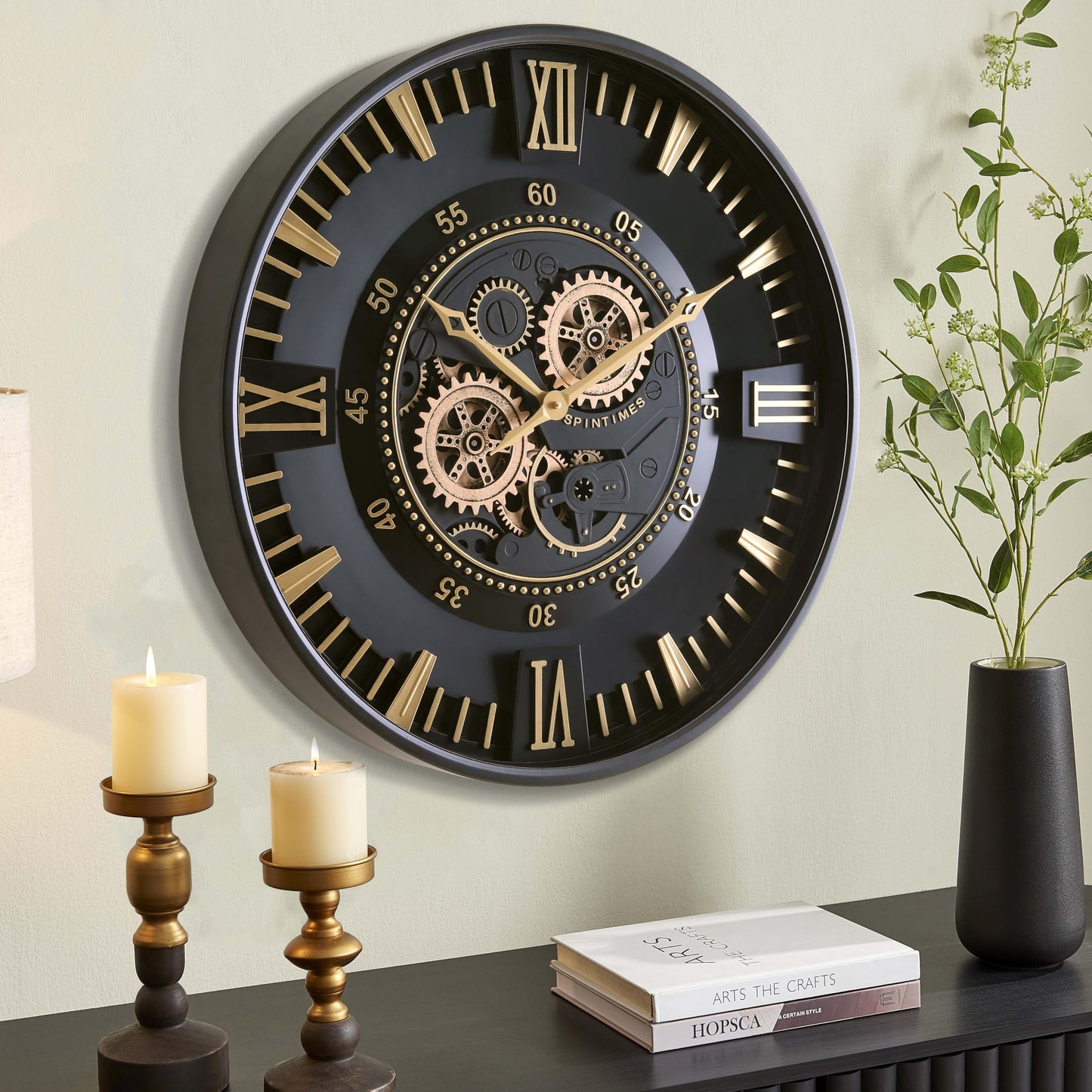 CLXEAST Mid Century Minimalist Modern Wall Clocks,24 Inch Wall Clock with Moving Gears, Large Cream Gold Wall Clocks for Living Room Decor,House Warming Gifts New Home