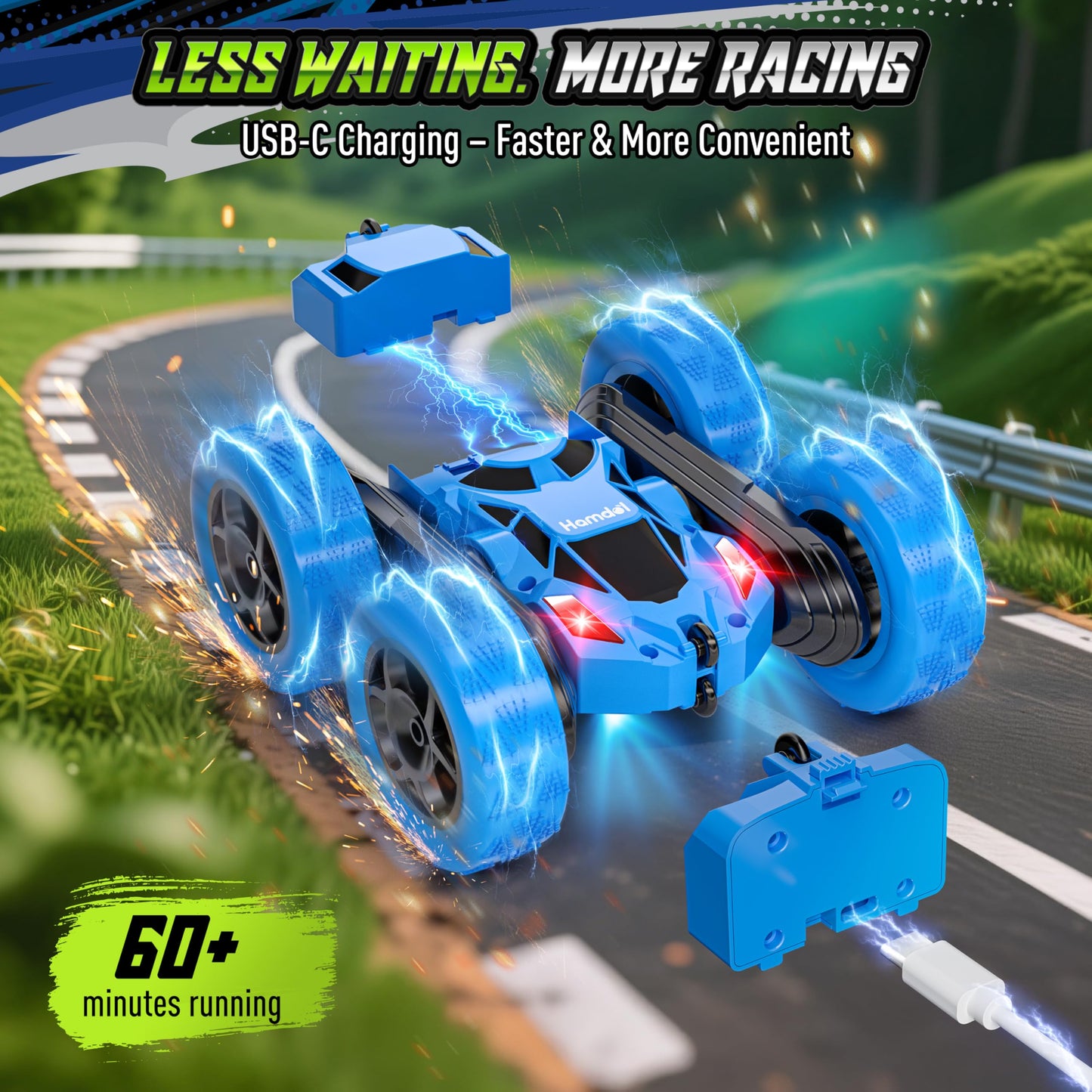 Hamdol Remote Control Car for Kids, 360° Rotating Double-Sided RC Car with LED Headlights, 4WD 2.4GHz Electric Rechargeable Toy Vehicle for Boys and Girls, Perfect Birthday