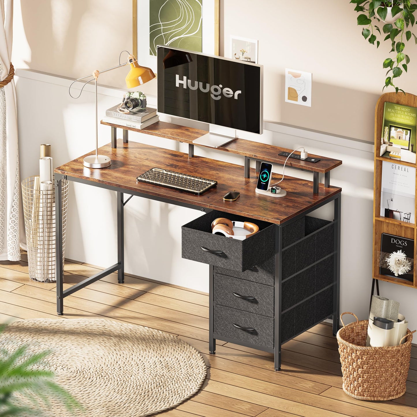 Huuger 47 Inch Computer Desk with Power Outlets and LED Lights, Gaming Desk with 4 Drawers, Office Desk with Monitor Stand, Study Work Home Office, Small Spaces, Black