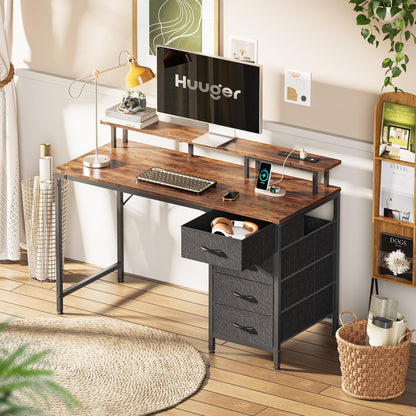 Huuger 47 Inch Computer Desk with Power Outlets and LED Lights, Gaming Desk with 4 Drawers, Office Desk with Monitor Stand, Study Work Home Office, Small Spaces, Black