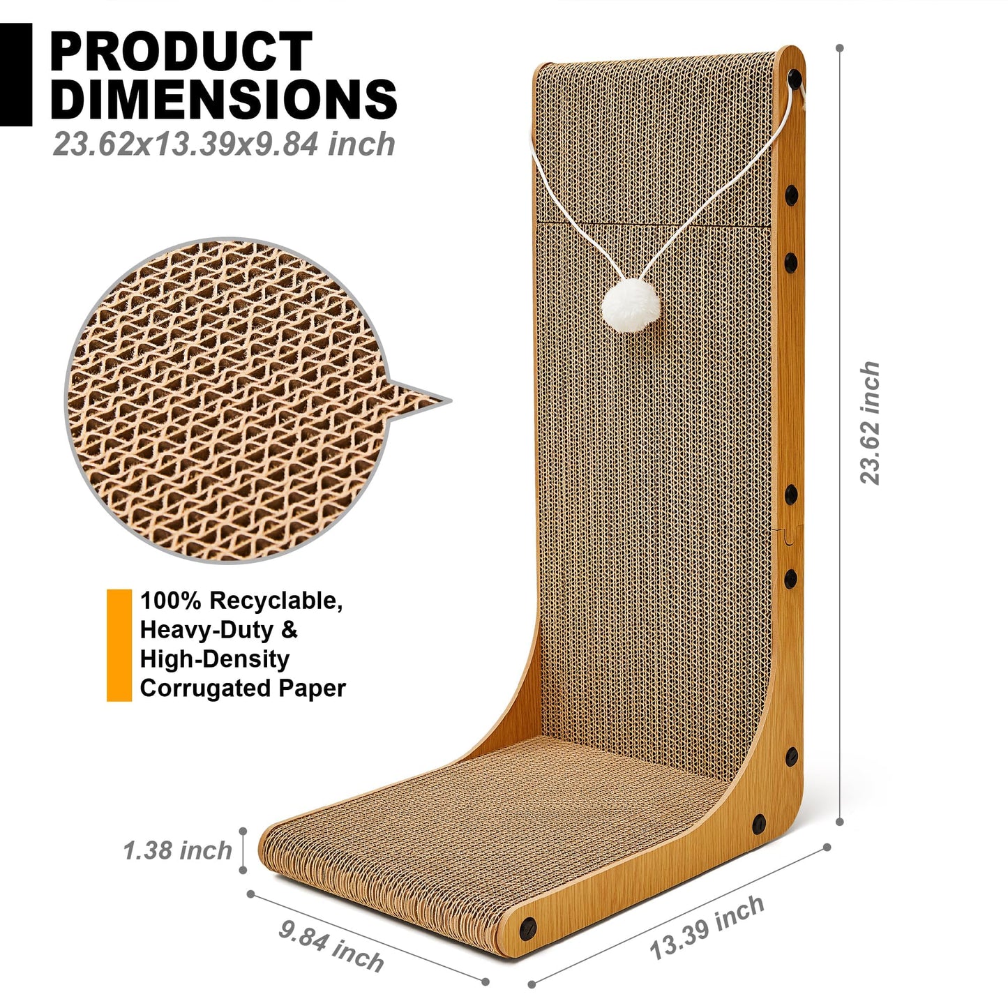 Value 2-Pack 23.6 Inch L-Shaped Cardboard Cat Scratcher, Dual Use (Vert/Horiz) Scratch Pad with Toy Balls, Wall-Mountable Furniture Protector Cat Scratchers for Indoor Cats