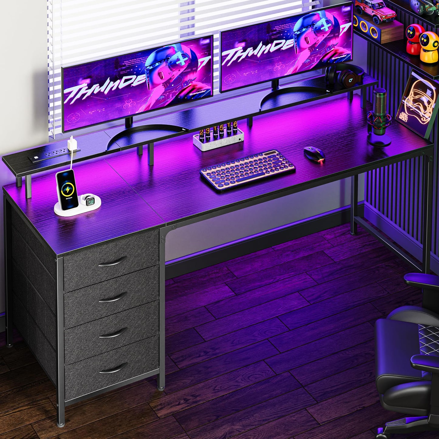 Huuger 47 Inch Computer Desk with Power Outlets and LED Lights, Gaming Desk with 4 Drawers, Office Desk with Monitor Stand, Study Work Home Office, Small Spaces, Black