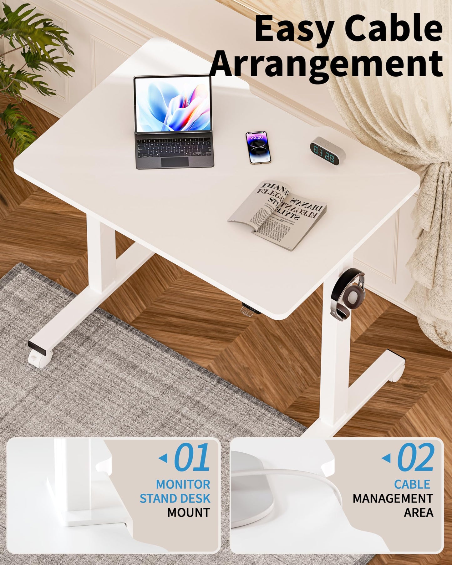 Okin Small Electric Standing Desk, 36" x 24" Whole Piece Height Adjustable Desk, Oak Sit to Stand Computer Workstation with Wheels for Home Office