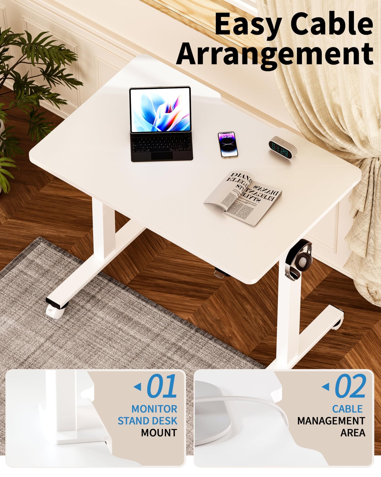 Okin Small Electric Standing Desk, 36" x 24" Whole Piece Height Adjustable Desk, Oak Sit to Stand Computer Workstation with Wheels for Home Office