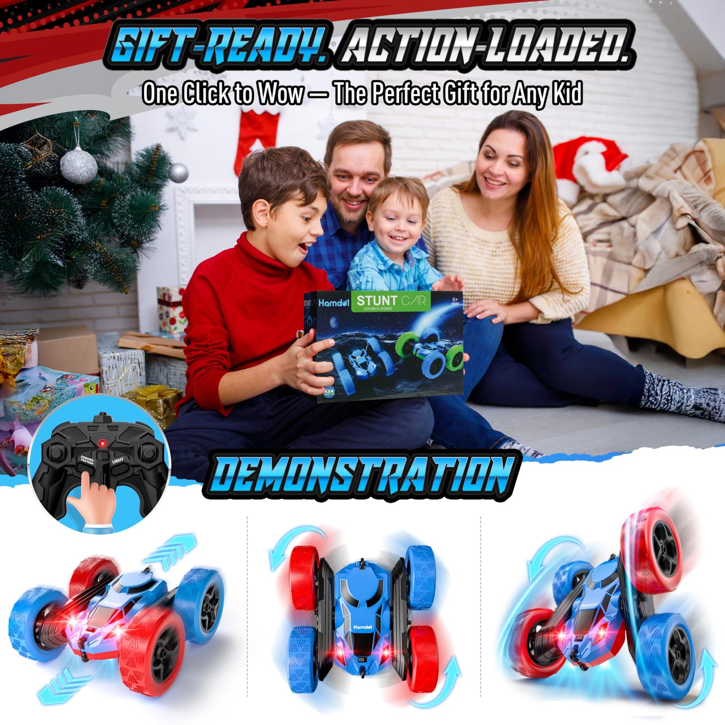 Hamdol Remote Control Car for Kids, 360° Rotating Double-Sided RC Car with LED Headlights, 4WD 2.4GHz Electric Rechargeable Toy Vehicle for Boys and Girls, Perfect Birthday