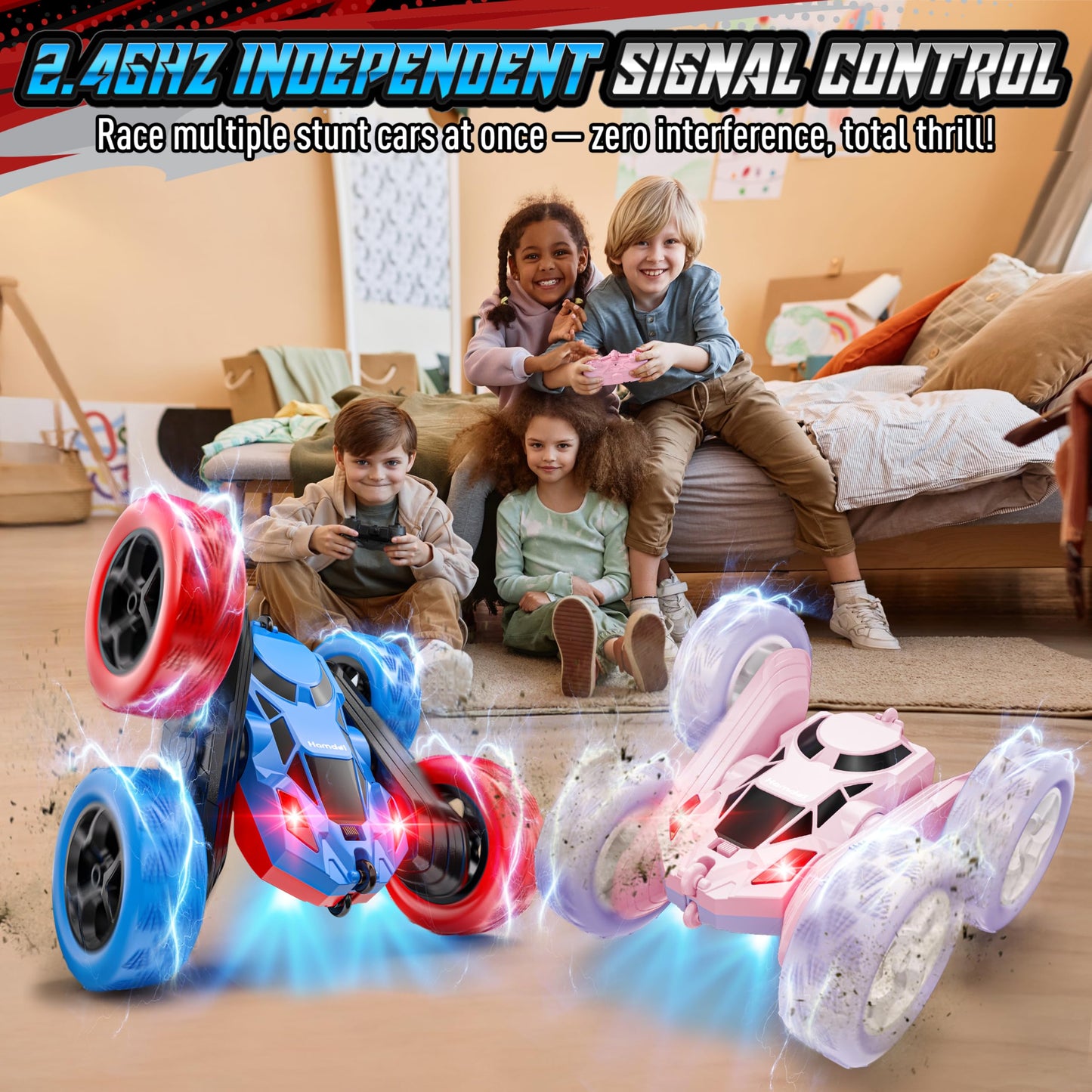 Hamdol Remote Control Car for Kids, 360° Rotating Double-Sided RC Car with LED Headlights, 4WD 2.4GHz Electric Rechargeable Toy Vehicle for Boys and Girls, Perfect Birthday