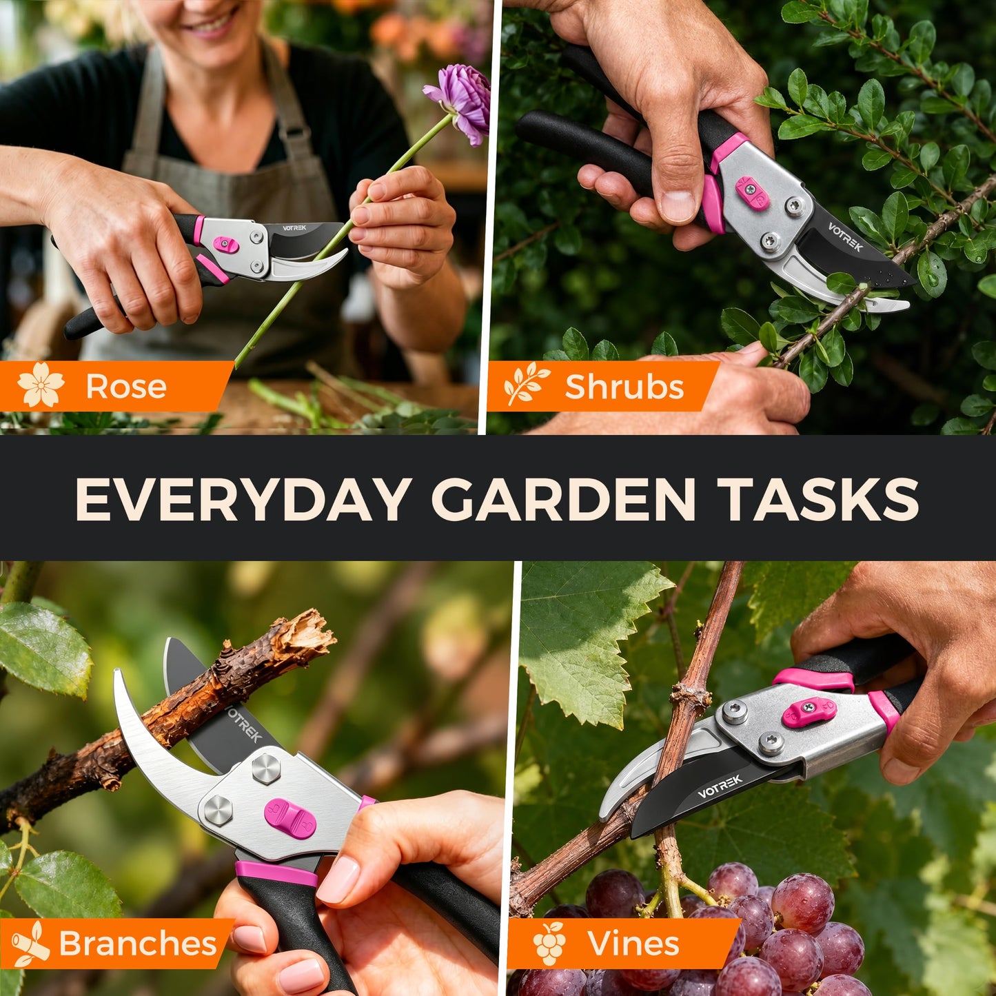 VOTREK® Pruning Shears, 8.5” Professional Garden Pruner with Jam-Proof Spring & Ever-Sharp SK5 Blade, Ergonomic Bypass Clippers for Rose, Tree Trimming, Heavy Duty Bonsai Scissor for Weak Hand