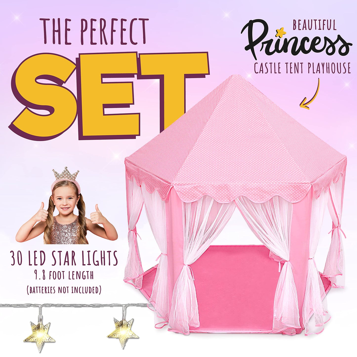 Orian Princess Tent for Kids, Toddler & Kids Pink Play Tent Indoor & Outdoor Princess Castle Fort for Girls and Toddlers Ages 2-7, 55”x53”, LED Star Lights, Children’s Toys and Gifts for Girls