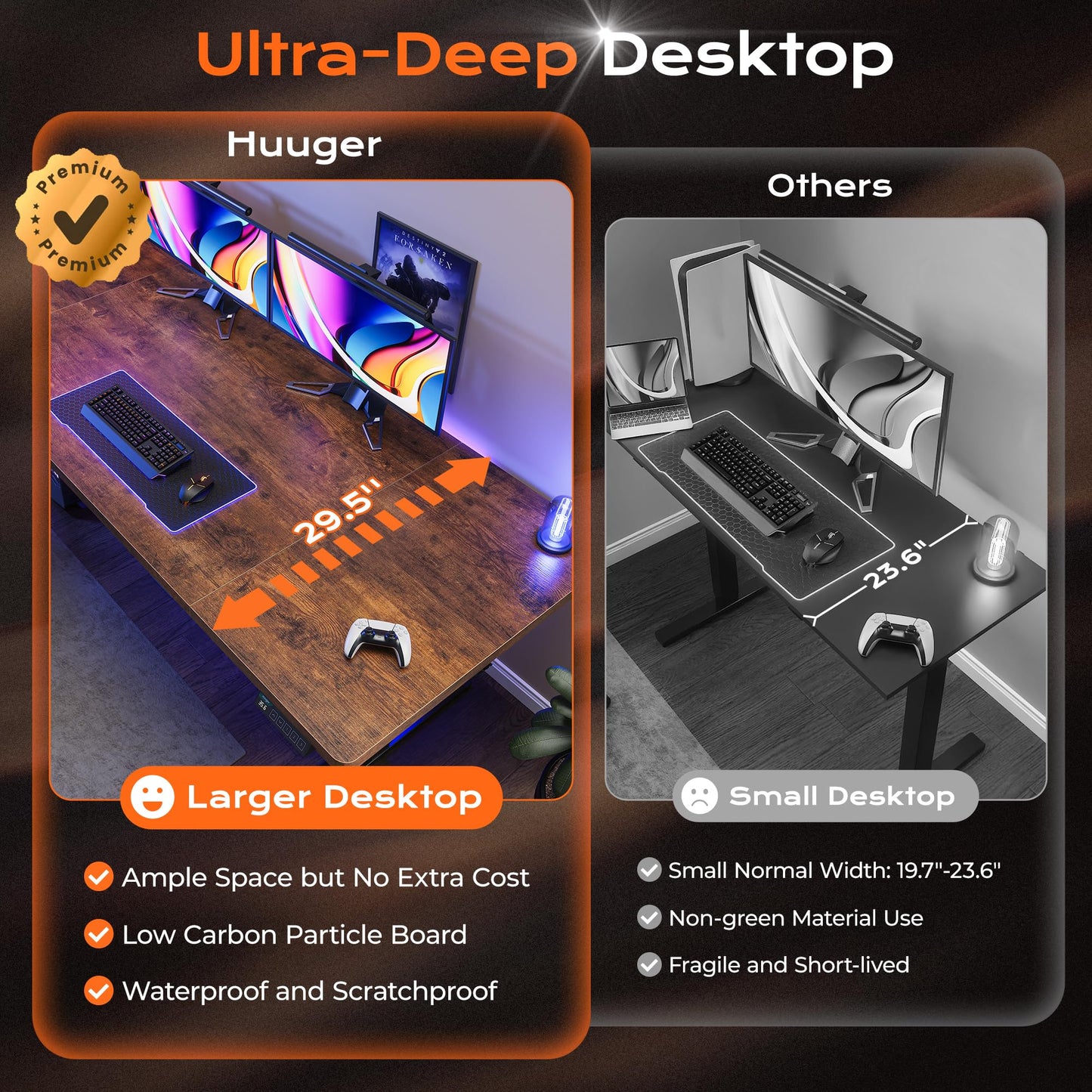 Huuger 55 x 28 Large Electric Standing Desk, Height Adjustable Computer Desk, 27.6" Deep Desktop, Stand up Gaming Office Table with 2 Hooks, 3 Preset Heights, for Home Office, Black