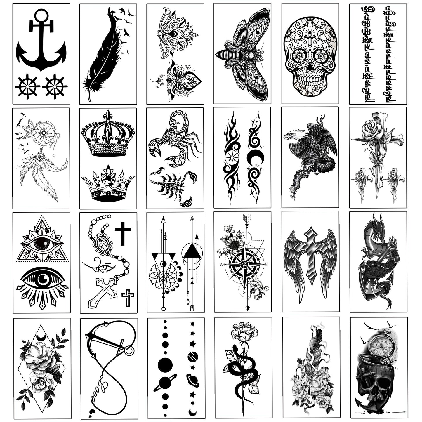Yazhiji 36 Sheets Temporary Tattoos Stickers, 12 Sheets Fake Body Arm Chest Shoulder Tattoos for Men or Women with 24 PCS Tiny Black Tattoos