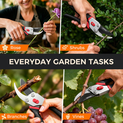 VOTREK® Pruning Shears, 8.5” Professional Garden Pruner with Jam-Proof Spring & Ever-Sharp SK5 Blade, Ergonomic Bypass Clippers for Rose, Tree Trimming, Heavy Duty Bonsai Scissor for Weak Hand