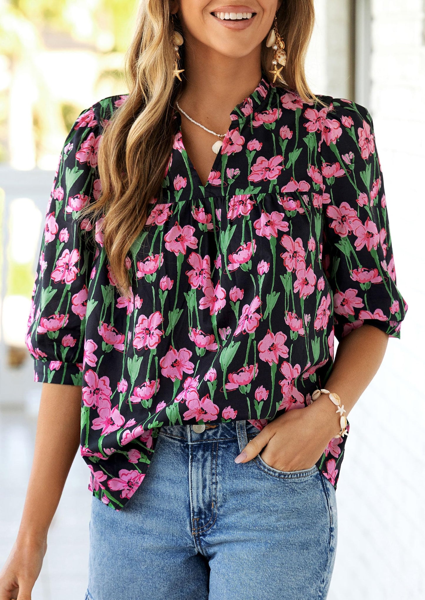 PRETTYGARDEN Women's 2026 Summer Floral Blouses Dressy Casual Half Sleeve V Neck Going Out Boho Tops Spring Fashion Clothing