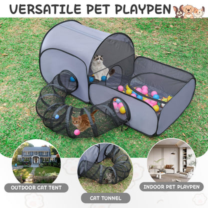 Tailtastic Pet Playpen with Surround Tunnel, Outdoor/Indoor Cat Playpen with Breathable Soft Sides，Tailtastic Cat Enclosure Tent for Small Animals, Portable Tent with Carry Bag (Medium)