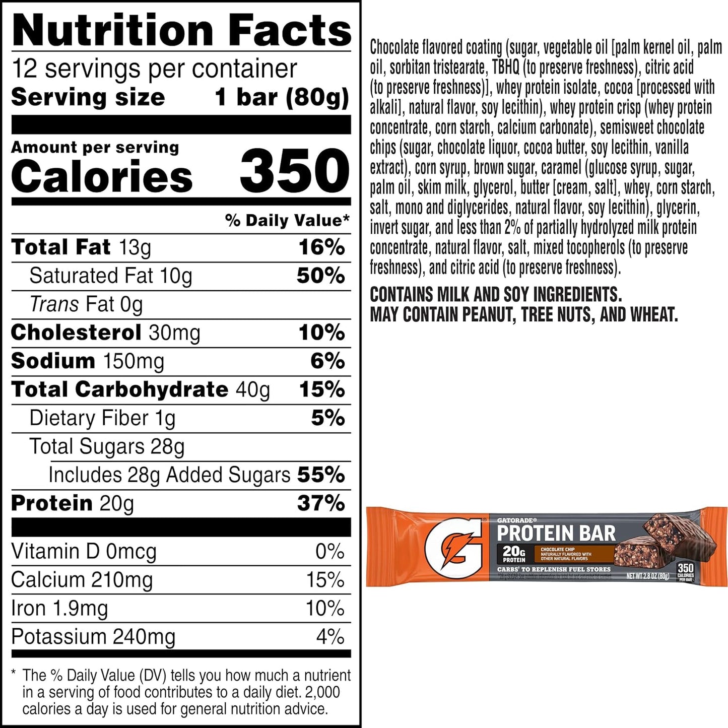 Gatorade Whey Protein Recover Bars, Chocolate Chip, 2.8 ounce(Pack of 12)