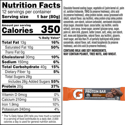 Gatorade Whey Protein Recover Bars, Chocolate Chip, 2.8 ounce(Pack of 12)