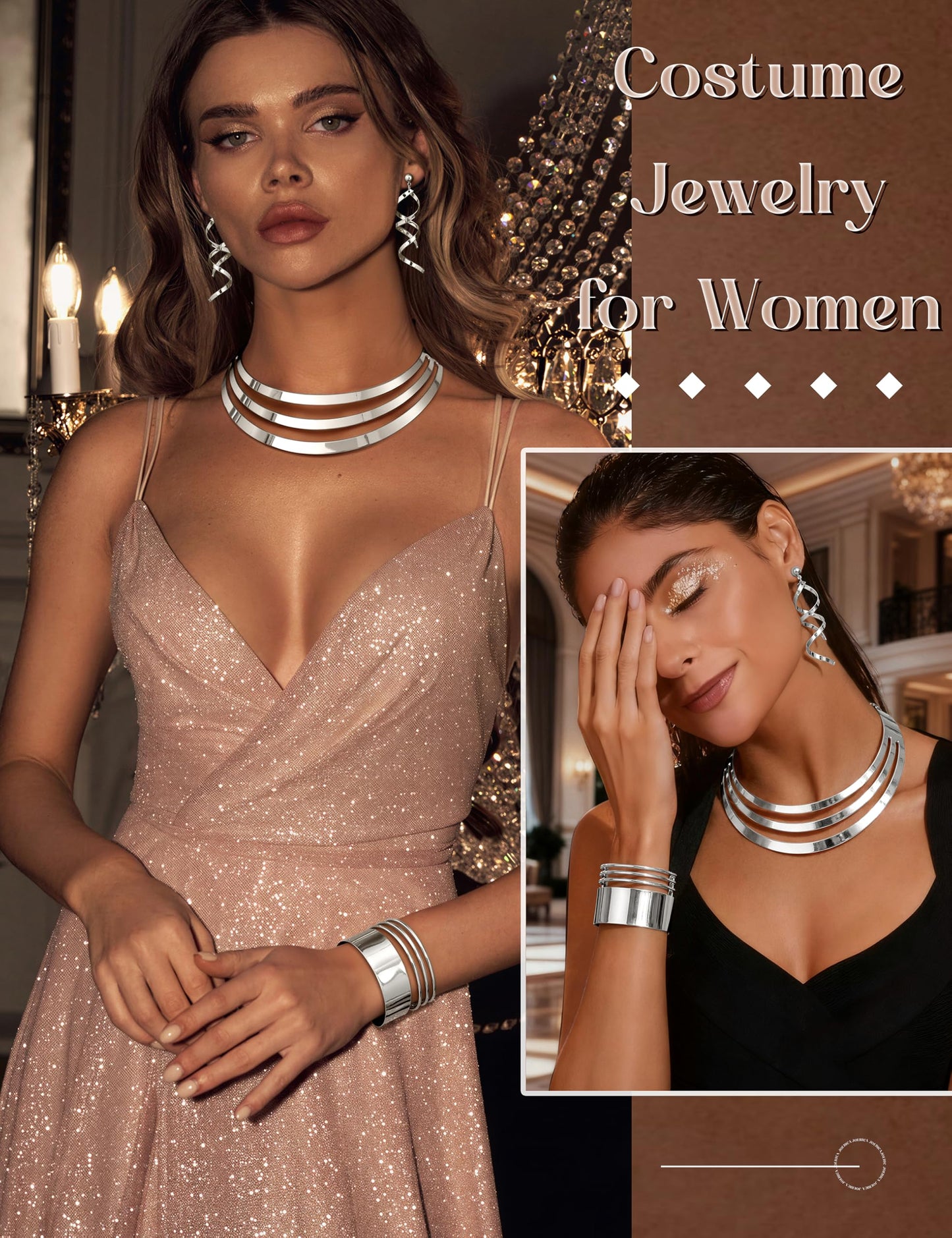 JOERICA Bib Choker Necklace Set for Women Wide Cuff Bangle Bracelets Long Statement Dangle Earrings African Costume Jewelry Set