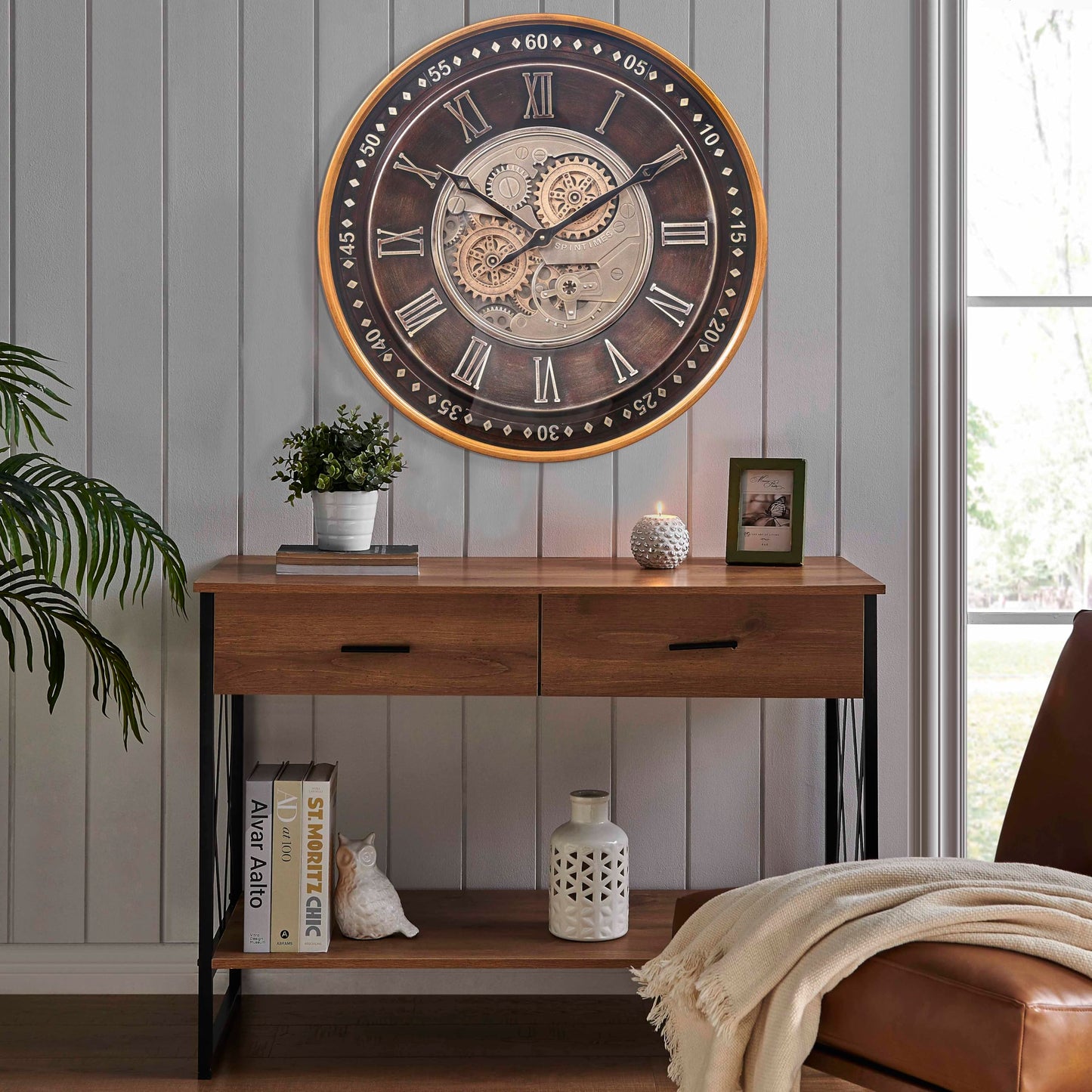 CLXEAST Mid Century Minimalist Modern Wall Clocks,24 Inch Wall Clock with Moving Gears, Large Cream Gold Wall Clocks for Living Room Decor,House Warming Gifts New Home