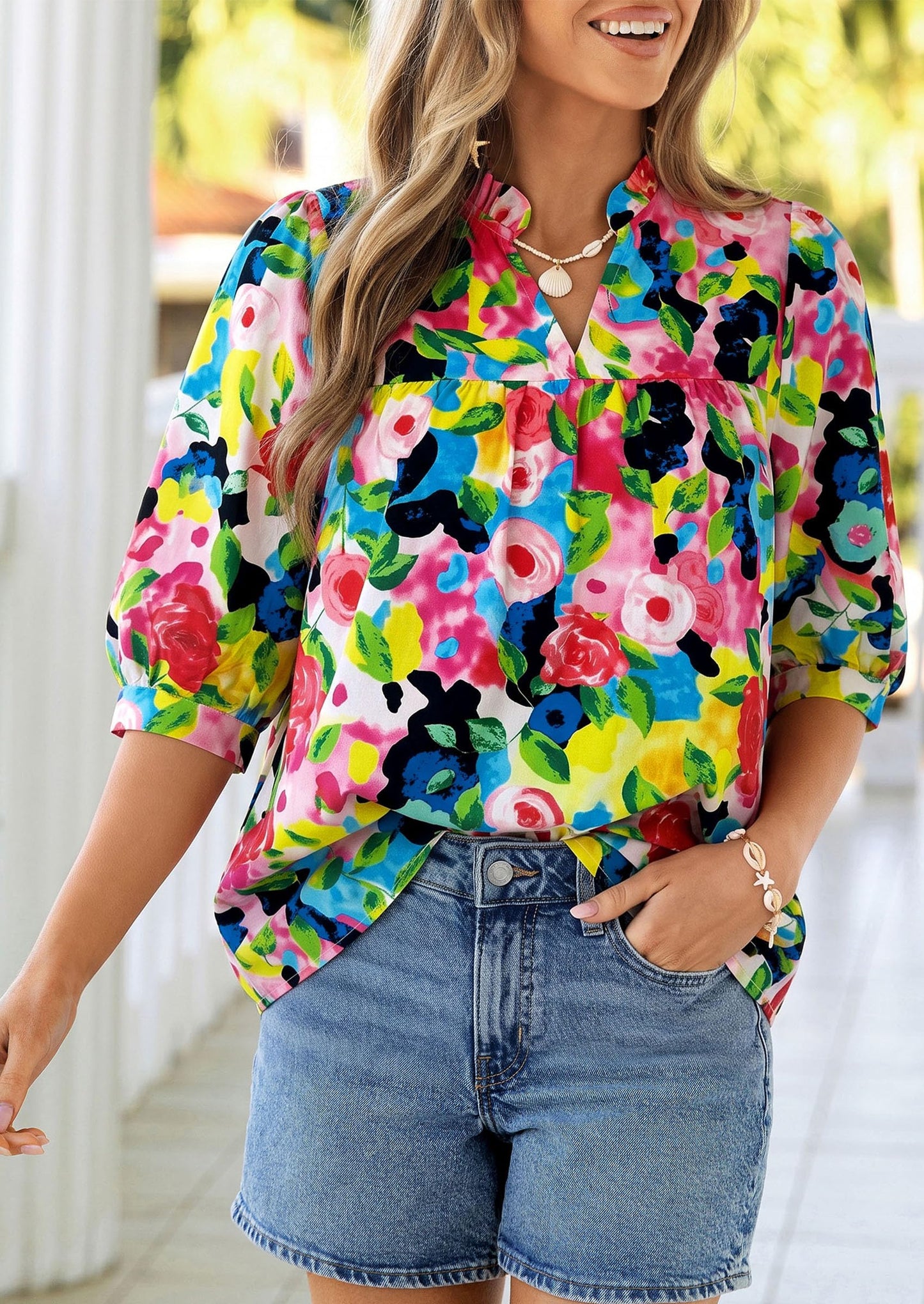 PRETTYGARDEN Women's 2026 Summer Floral Blouses Dressy Casual Half Sleeve V Neck Going Out Boho Tops Spring Fashion Clothing