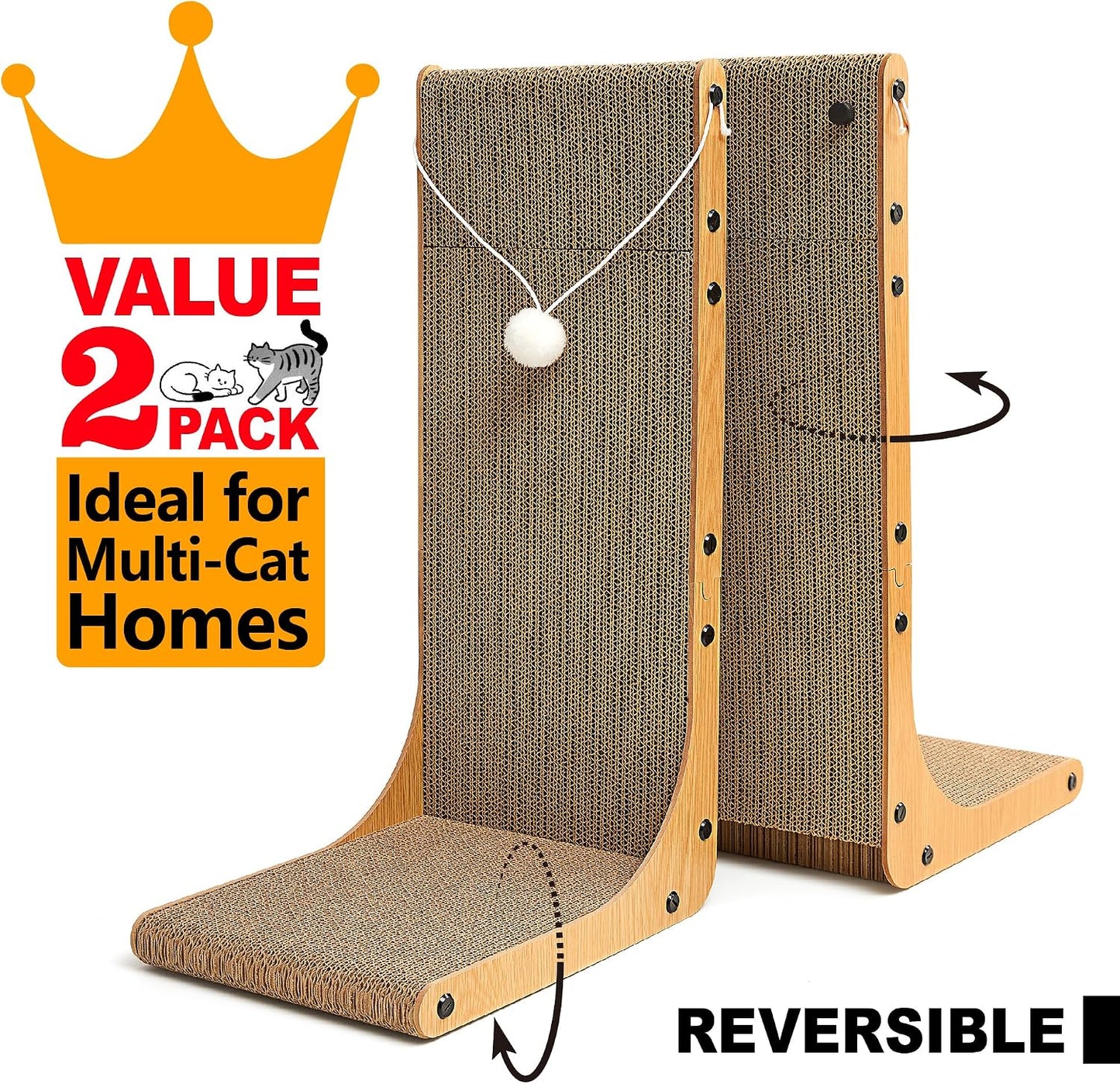 Value 2-Pack 23.6 Inch L-Shaped Cardboard Cat Scratcher, Dual Use (Vert/Horiz) Scratch Pad with Toy Balls, Wall-Mountable Furniture Protector Cat Scratchers for Indoor Cats