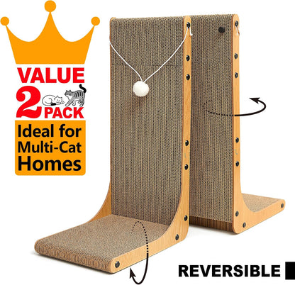Value 2-Pack 23.6 Inch L-Shaped Cardboard Cat Scratcher, Dual Use (Vert/Horiz) Scratch Pad with Toy Balls, Wall-Mountable Furniture Protector Cat Scratchers for Indoor Cats
